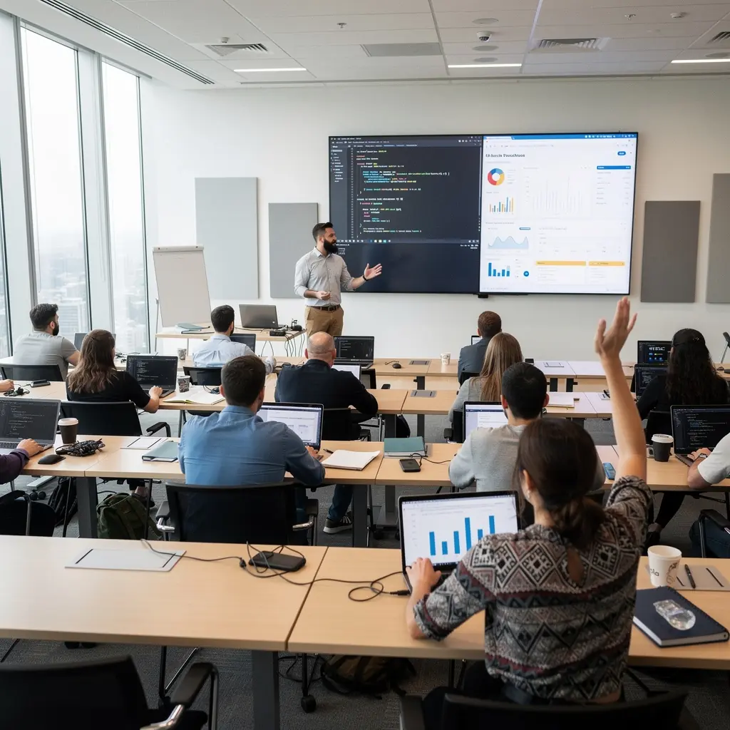 Képzés résztvevői, akik laptopon dolgoznak adatvizualizációs projekteken.