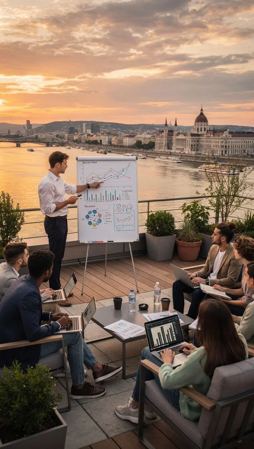 Képzés résztvevői, akik laptopon dolgoznak adatvizualizációs projekteken.